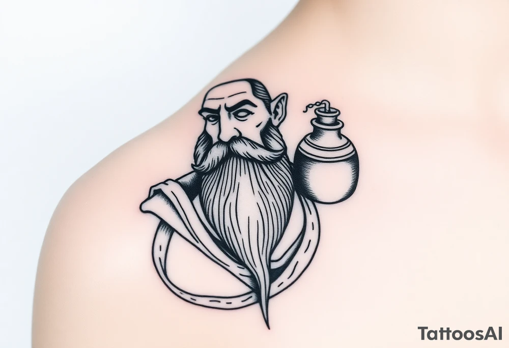 a big piece,The sign of the aquarian version human man almost resembling a god, with beard, with a jar on his shoulder with water coming out of it tattoo idea