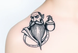 a big piece,The sign of the aquarian version human man almost resembling a god, with beard, with a jar on his shoulder with water coming out of it tattoo idea