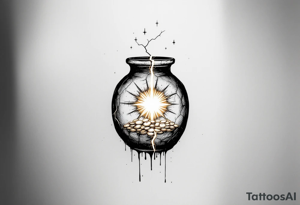 A black and white tattoo that captures both the fragility of the jar and the treasure inside can be incredibly symbolic. Here’s a refined concept that integrates both elements:

Cracked Jar with Glowing Treasure Inside:
- The Jar: The main design can be a clay jar, slightly cracked, representing human fragility.
- The Cracks: From the cracks in the jar, light pours out—symbolizing the divine treasure (God’s power) within. You can emphasize the cracks with golden lines (like kintsugi) to show that even in brokenness, there is beauty.
- The Treasure: Inside the jar, you could depict glowing treasures, such as gold coins, a radiant heart, or even spiritual symbols like a cross, a dove, or a light-filled crown. The treasure doesn’t have to be too literal—just enough to show that what’s inside is precious and divine.

### Additional Elements:
- Hands Holding the Jar: To further emphasize fragility and care, you could add divine or human hands gently holding the jar, symbolizing protection despite its weakness.
- Scriptural Reference: Around or beneath the jar, you could include "2 Corinthians 4:7" in a graceful script to anchor the design in its biblical meaning.
  
This concept unites the theme of human fragility and God's power, using the cracked jar as the vessel that reveals the treasure within. tattoo idea