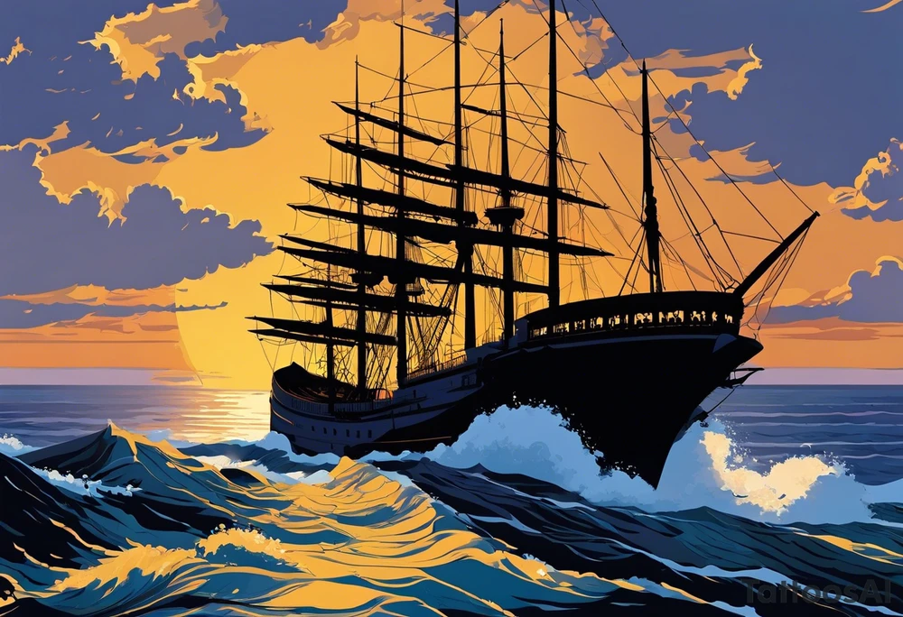 At the center - the silhouette of the Opera House, the city's iconic landmark embodying its cultural life. Beneath it - the monumental Potemkin Stairs descending to the sea. In the foreground - a ship's wheel, reminiscent of Odessa's port heritage, and a lighthouse guiding ships. All framed by the waves of the Black Sea. The tattoo embodies Odessa's rich history, culture, and inseparable bond with the sea through its main symbols. tattoo idea