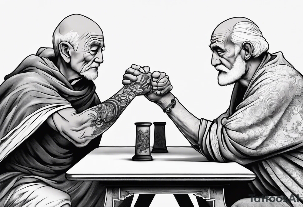 old man in cloak arm wrestling with a skeleton tattoo idea