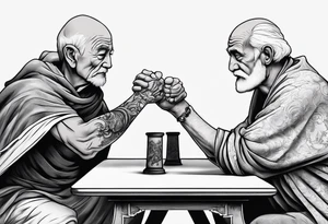 old man in cloak arm wrestling with a skeleton tattoo idea