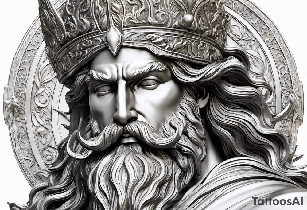 Poseidon is shown in a powerful and commanding pose, with intricate details highlighting his muscular physique and regal presence. His long, flowing beard and hair are depicted with meticulous shading, giving them a lifelike texture. The god’s eyes are intense and penetrating, capturing his divine authority.

He holds his iconic trident, detailed with sharp, defined prongs and intricate designs along the handle. The trident is positioned prominently, symbolizing his dominion over the oceans. His skin is rendered with lifelike textures, and the flowing elements of his hair and beard suggest movement, as though caught in a gust of wind.

The background is kept minimalistic and clean, focusing solely on Poseidon and his trident, allowing the detailed depiction of the god himself to stand out. The use of shadows and highlights enhances the three-dimensional effect, bringing out the strength and majesty of Poseidon in a strikingly realistic manner. tattoo idea
