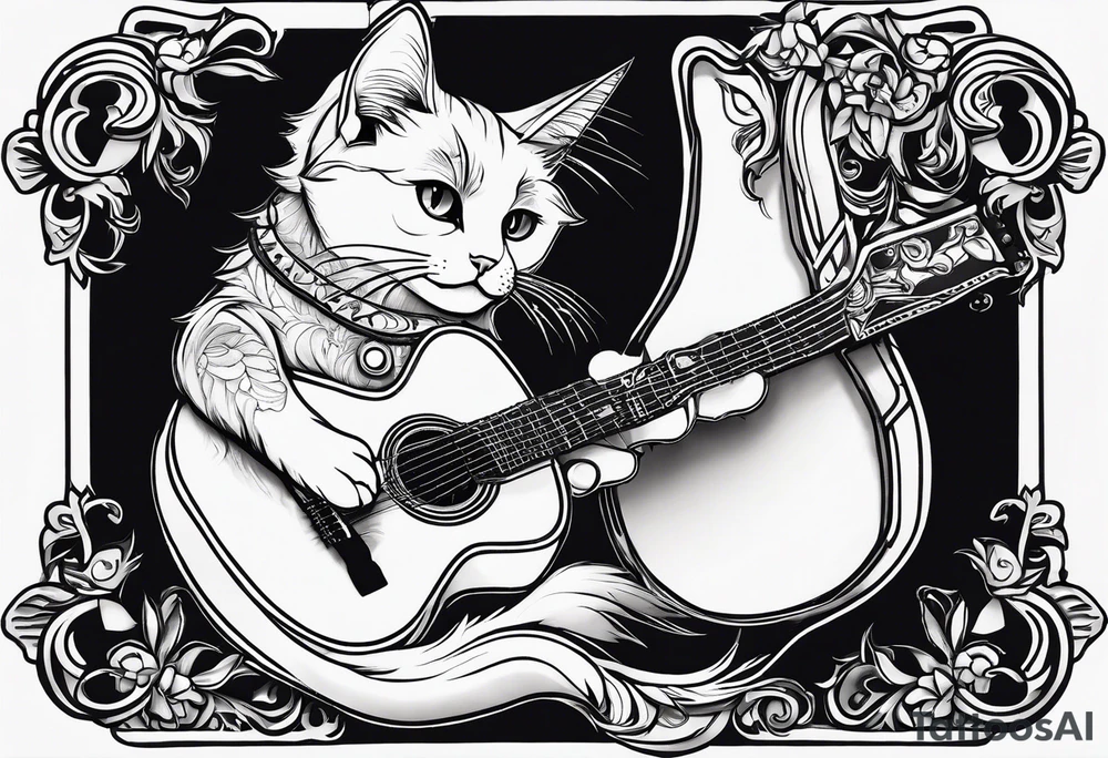 A cat playing acoustic guitar and sitting on a cajon. Dont forget the cajon. CAJON!!!! tattoo idea