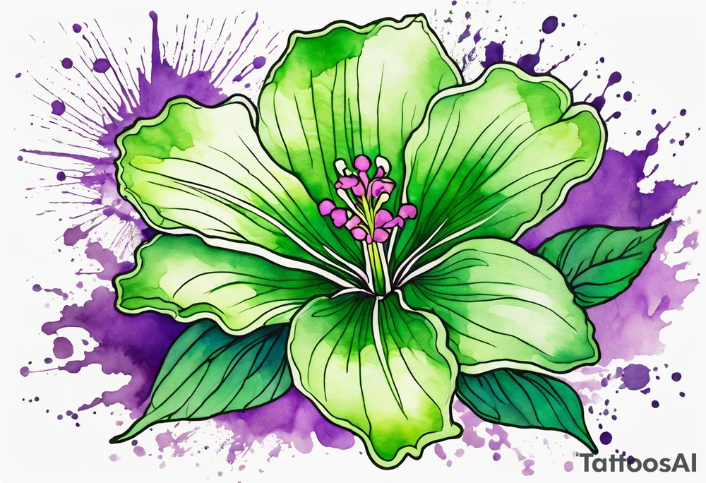 An outline of a green rio dipladenia flower and a green/purple watercolor splash in the background tattoo idea