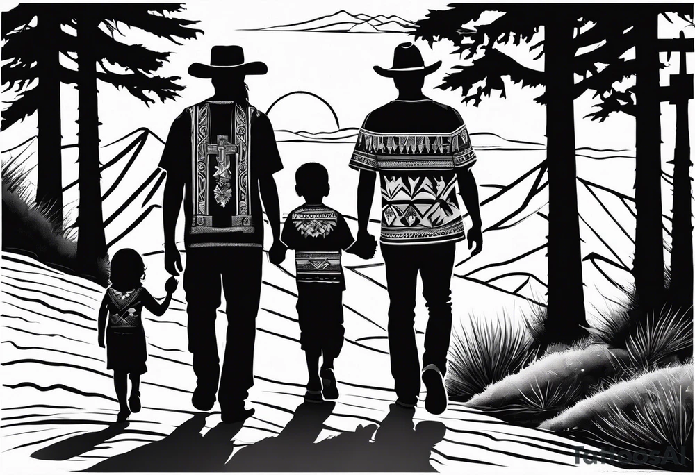 A shadow of a family of four walking through the Pacific northwest. Faith centered and add Mexican tribal  border with importance of faith.
Add crosses tattoo idea