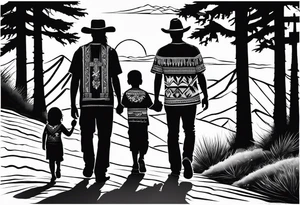 A shadow of a family of four walking through the Pacific northwest. Faith centered and add Mexican tribal  border with importance of faith.
Add crosses tattoo idea