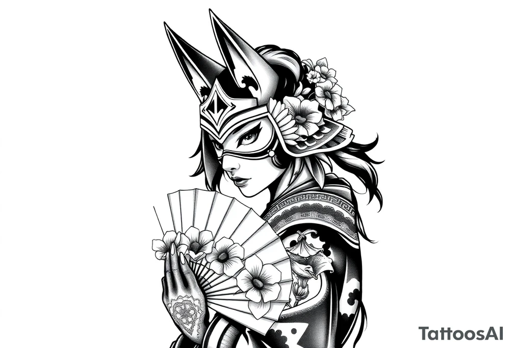 japanese samurai woman wearing a kitsune half-mask and  holding a fan with irises flowers ornement tattoo idea