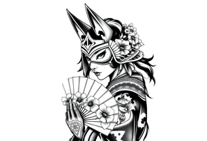 japanese samurai woman wearing a kitsune half-mask and  holding a fan with irises flowers ornement tattoo idea