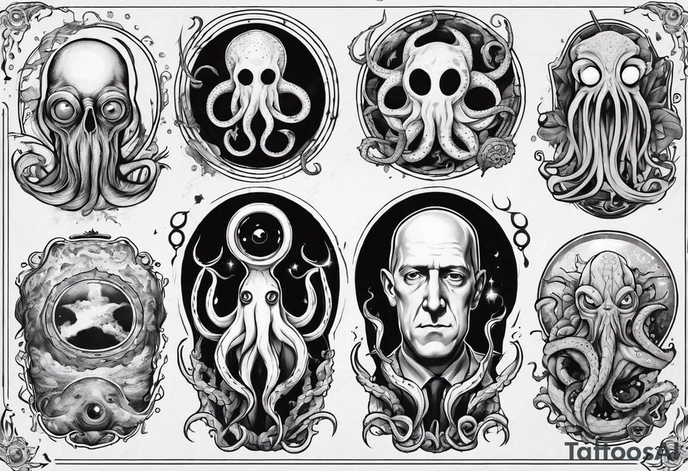 lovecraft long tattoo to put on the forearm, with eye and tentacle tattoo idea