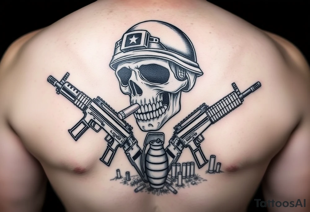 skull with soldier helmet,cigar in his mouth,crossed assault rifles,hand grenade,graveyard,cartridges, tattoo idea