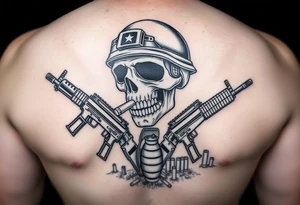skull with soldier helmet,cigar in his mouth,crossed assault rifles,hand grenade,graveyard,cartridges, tattoo idea