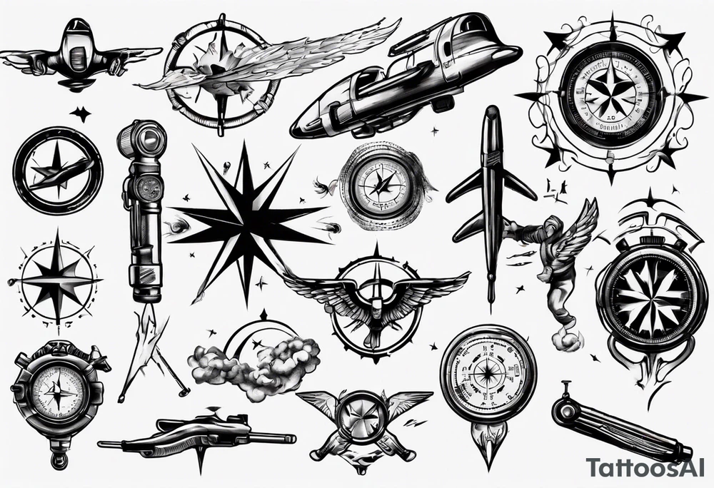 skydiving, shooting guns, compass, adventure tattoo idea