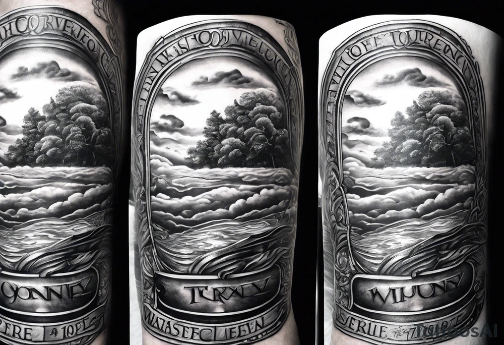realistic forearm sleeve of money,kids, clouds journey, bible verses tattoo idea