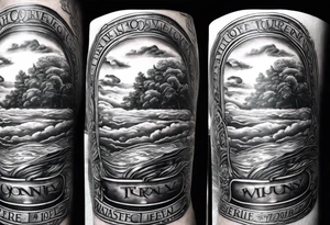 realistic forearm sleeve of money,kids, clouds journey, bible verses tattoo idea