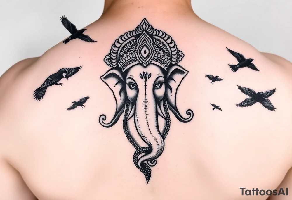 black and white Ganesha head tattoo with crows fly towards and away from him tattoo idea