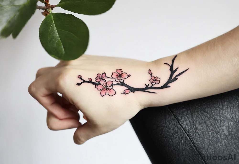 i have a human hand pointing at a skeleton hand tattoo on my left shoulder, the human hand is on the left and ends 3 cm into the wrist of the hand, i want a cherry blossom branch to sprout out of the wrist on the tattoo, then travel down to my arm and wrap around my bicep once, this bit can be floral, then it needs to narrow down and fit through a 7 cm gap in on my forearm then eventually ending in a 10 cm gap on my wrist, this gap can be filled with more blossom flora, this tattoo needs to go all the way down my arm so it needs to be long, the tattoo will start at my shoulder and go all the way down my arm tattoo idea
