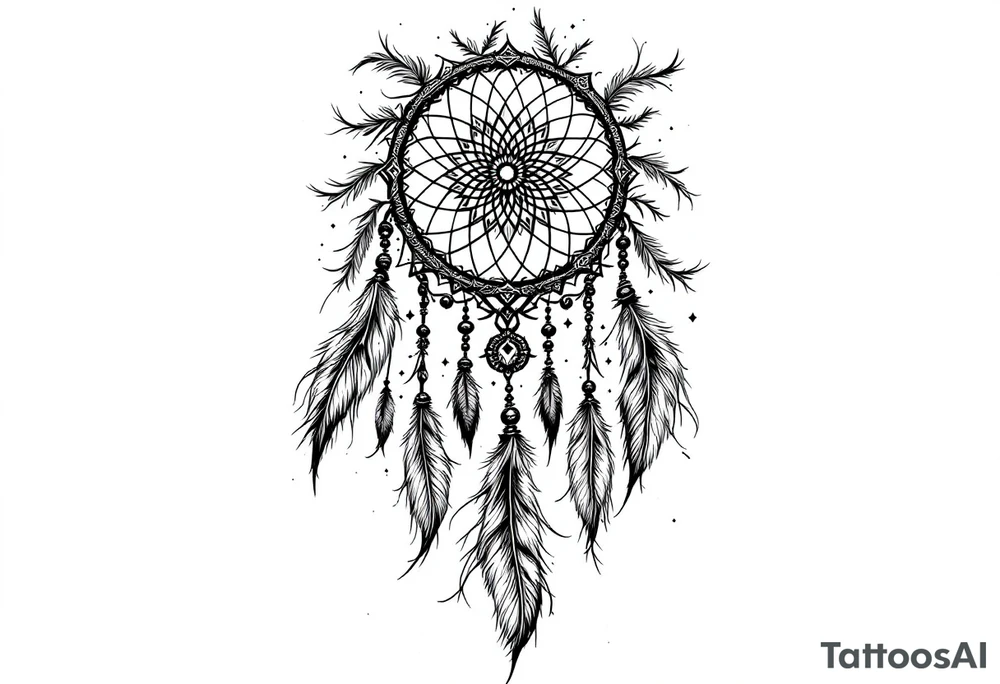 native dreamcatcher with flowing feathers and sacred beads tattoo idea