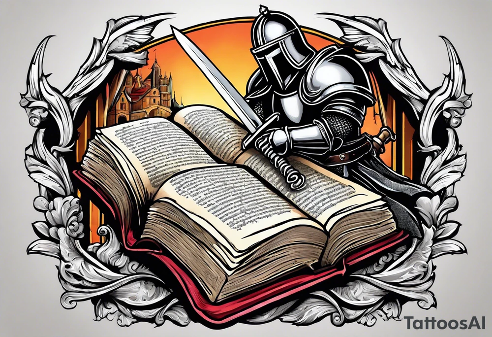 a knight pulling a sword out of an open bible tattoo idea