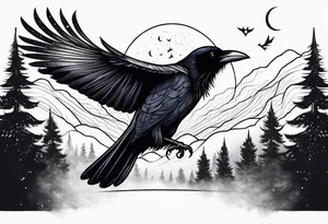 Raven swooping, occult, mystical, knowing, light behind its eyes, ethereal, night sky and trees in the background tattoo idea