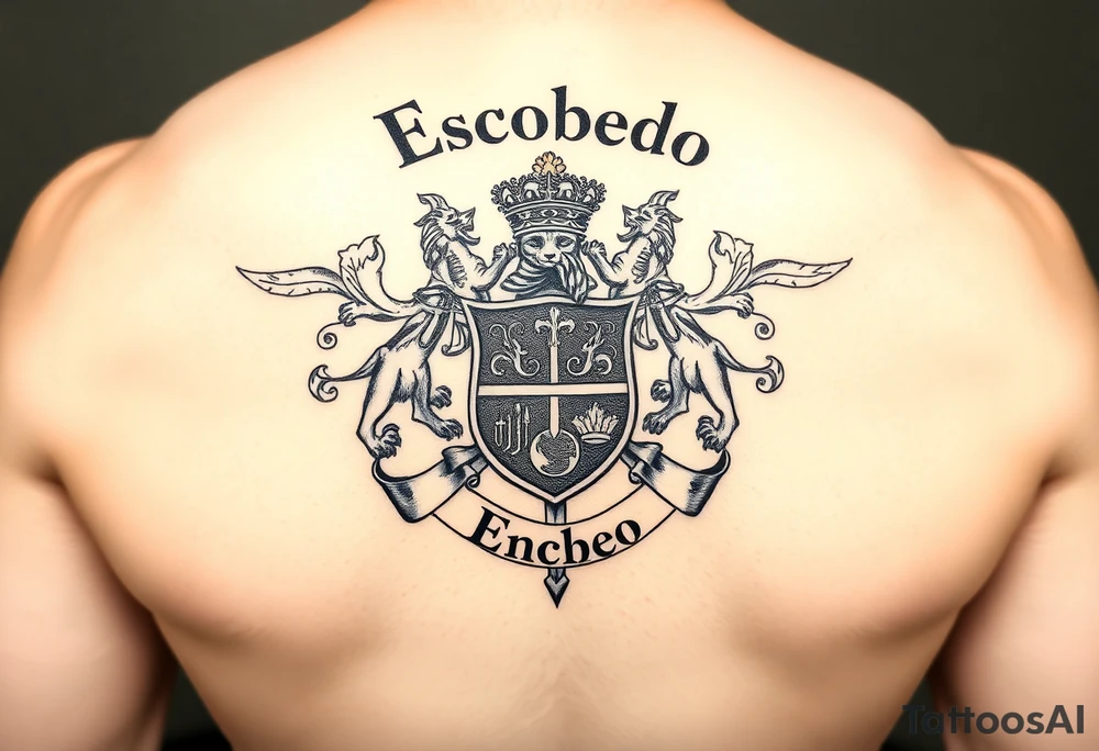 "A detailed family crest or coat of arms with intricate elements like lions, shields, scrolls, and swords, designed in a traditional and bold style. The crest is centered just below the name 'Escobedo' written across the shoulders, creating a regal and powerful visual balance." tattoo idea