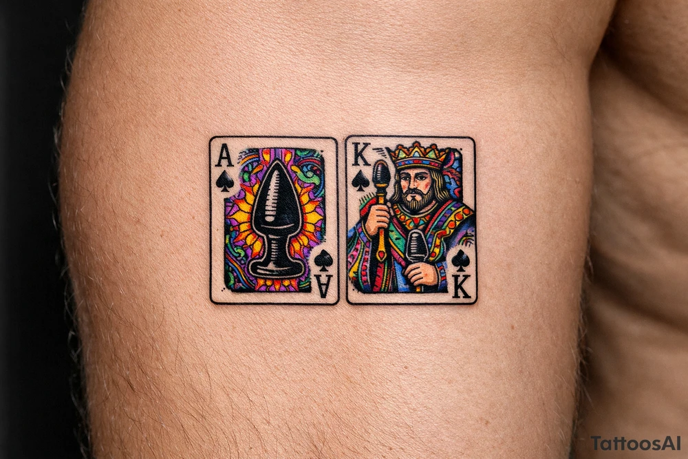 two playing cards ace and king of spades but with a butt plug instead of spade tattoo idea