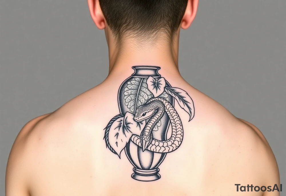 Large Decorative ornamental
 vase with large philodendron leaves with a snake wrapped around showing the head of the snake tattoo idea