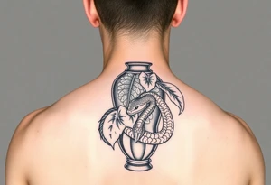 Large Decorative ornamental
 vase with large philodendron leaves with a snake wrapped around showing the head of the snake tattoo idea