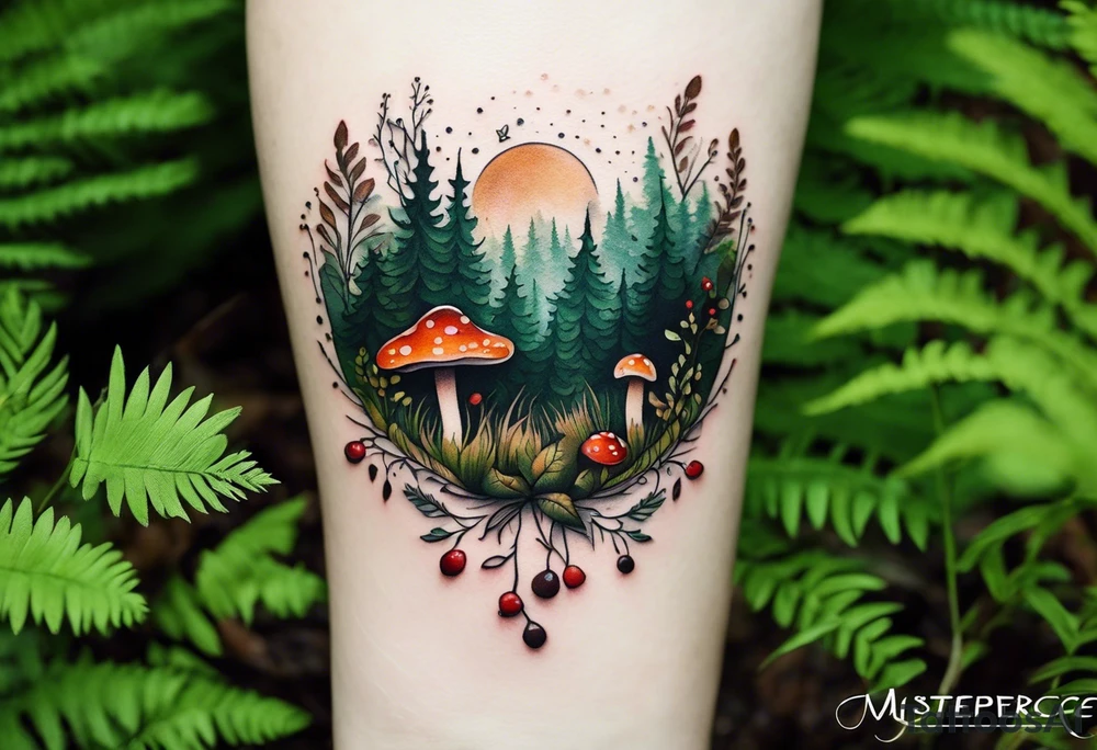 minimalistic forest floor inspired tattoo, which includes grass, moss, curly ferns and dead leaves as the bulk of the tattoo. details to include: forest berries, couple of very small brown mushrooms, a tiny bumblebee flying nearby tattoo idea
