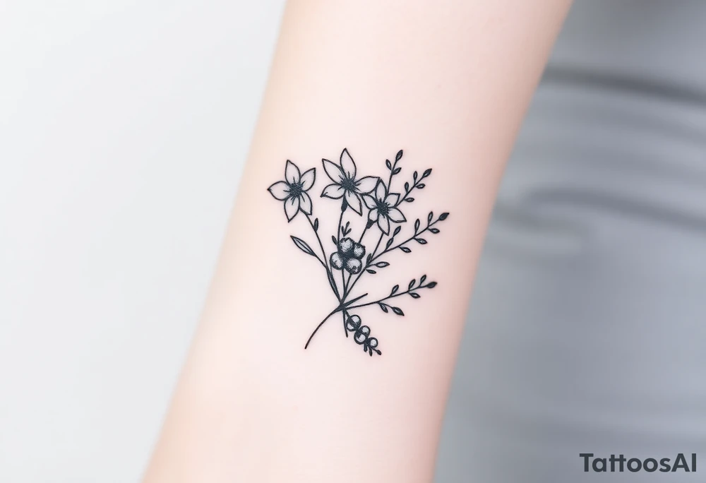 Bouquet of birth months flowers Lilly of the valley, daffodil, larkspur and Ilex aquifolium with berries tattoo idea