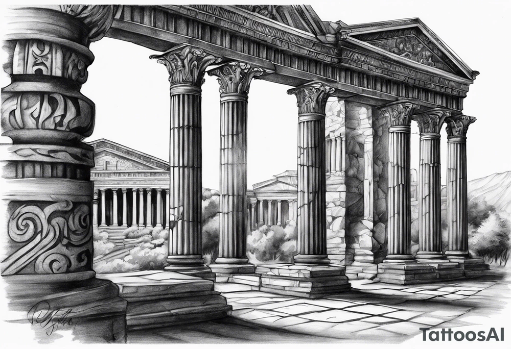 Roman pillars in the distance tattoo idea