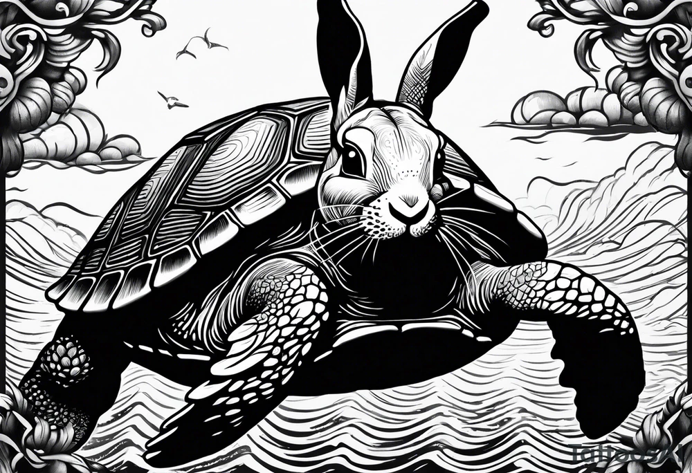 Bunny riding on a sea turtle tattoo idea
