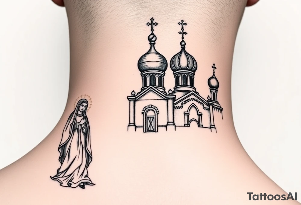 medium sized Russian orthodox church with bulb domes with a prominent russian orthodox style virgin mary stood outside to the left tattoo idea