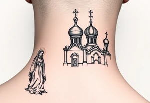medium sized Russian orthodox church with bulb domes with a prominent russian orthodox style virgin mary stood outside to the left tattoo idea