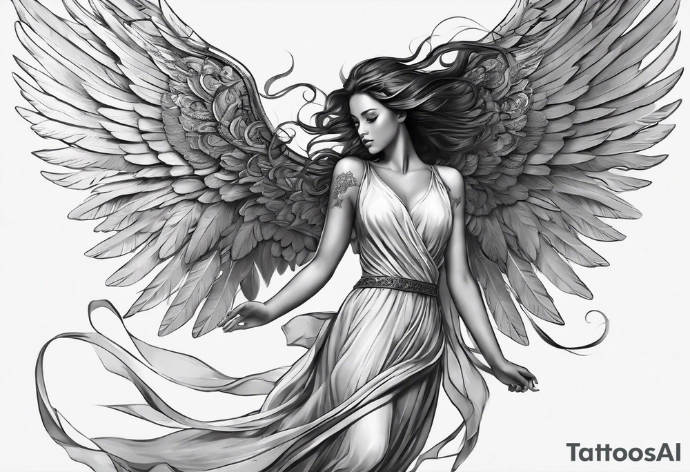 angel woman with big wings full body flying on the sky looking right side  we  can see right profile tattoo idea