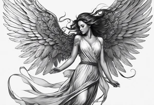 angel woman with big wings full body flying on the sky looking right side  we  can see right profile tattoo idea
