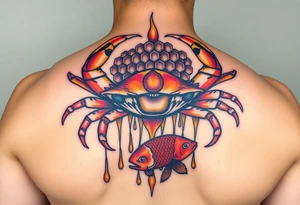 Powerful crab surrounded by dripping honey comb and coi fish tattoo idea