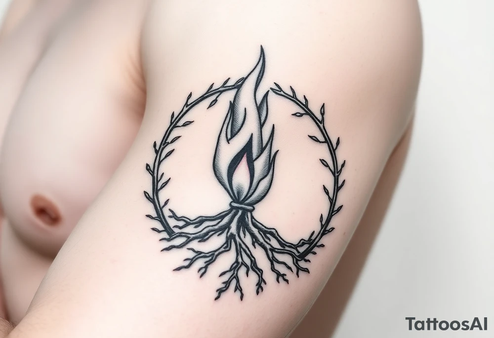flame in a blooming roots circle tattoo idea