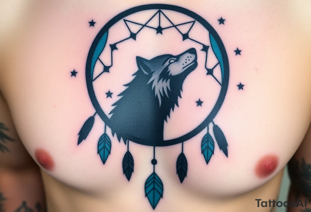 A wolf’s silhouette within a dreamcatcher, with stars scattered across the background. The wolf is shaded in black and gray, and the dreamcatcher is deep indigo with teal accents tattoo idea