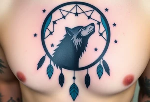 A wolf’s silhouette within a dreamcatcher, with stars scattered across the background. The wolf is shaded in black and gray, and the dreamcatcher is deep indigo with teal accents tattoo idea