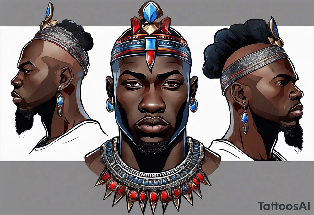 Black-skinned bald african warrior. He wears a simple and small silver crown. He uses blue and red necklaces tattoo idea