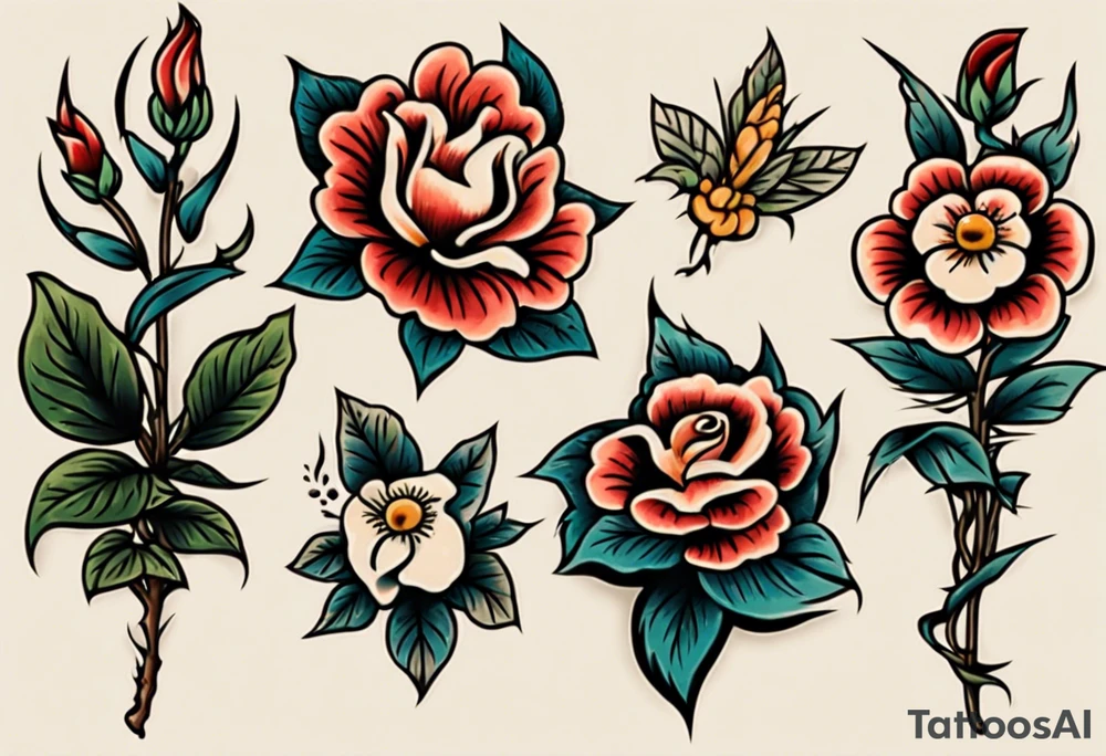 Three American traditional flowers tattoo idea