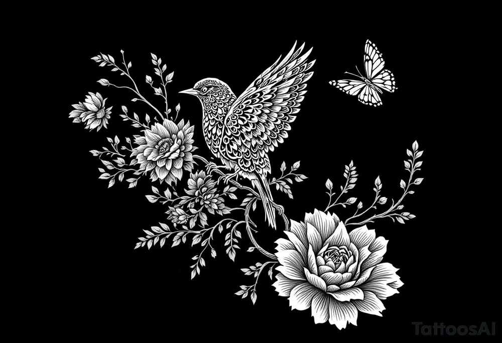 Bird, flower and butterfly tattoo idea