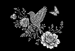 Bird, flower and butterfly tattoo idea