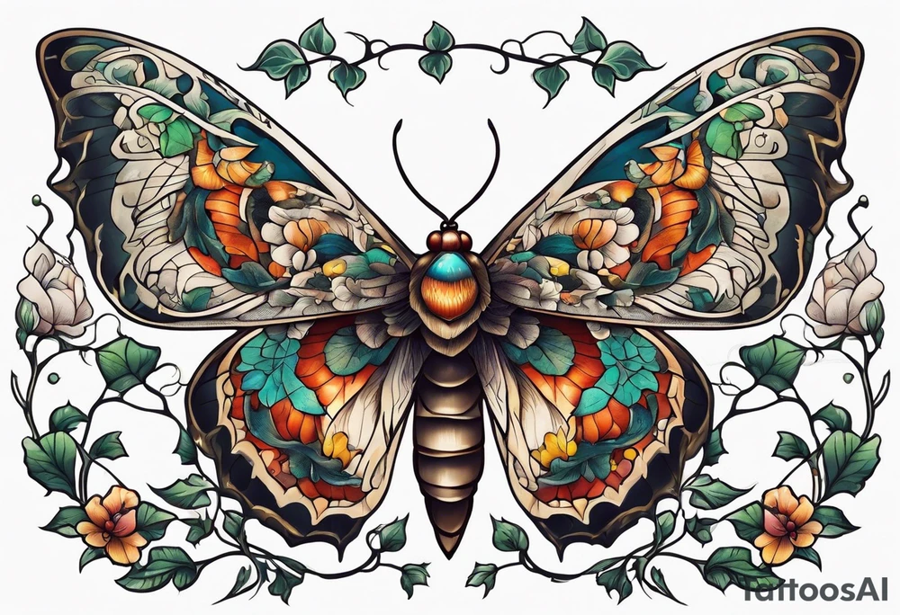 Moth flying around and winding ivy tattoo idea
