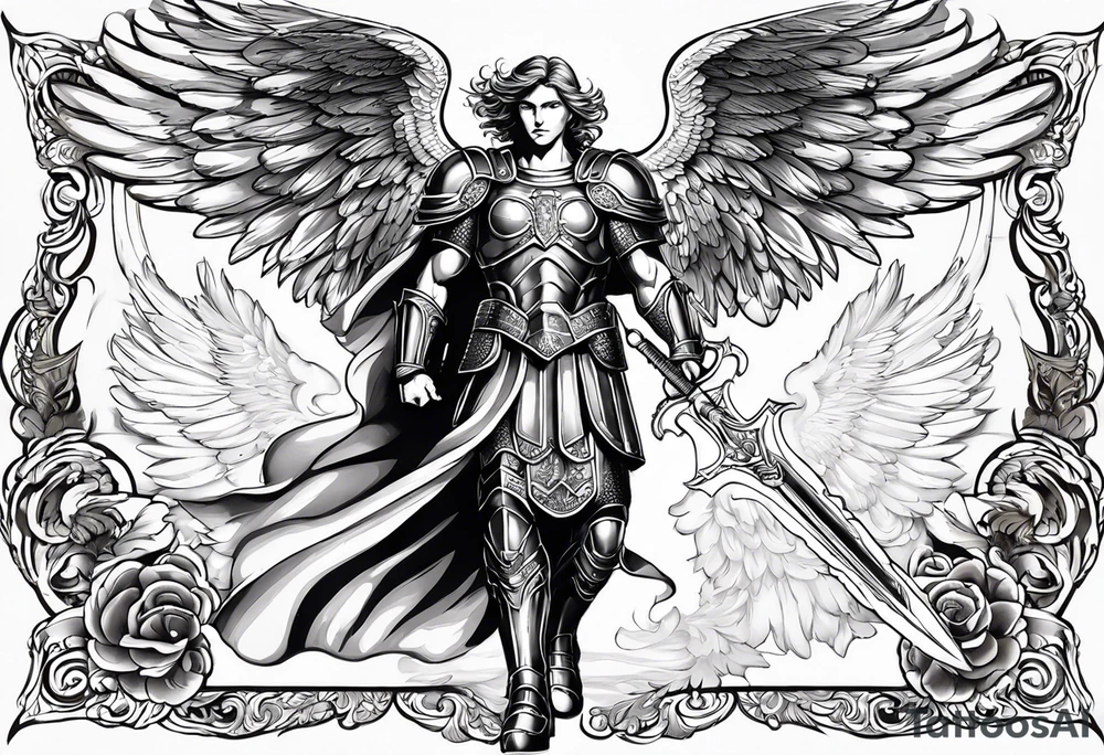 **Tattoo Design: Archangel Michael**

- **Central Theme**: Archangel Michael, majestic and powerful, stands ready with a raised sword, prepared to battle evil.
- **Appearance**: The figure of Archangel Michael depicted in full angelic armor, with majestic wings spread wide.
- **Expression**: His stance conveys strength, courage, and determination in defense of good.
- **Details**: Focus on intricate details such as facial features, armor embellishments, and the raised sword.
- **Background**: May be stylized as celestial, with rays of light or clouds, accentuating the divine presence of Archangel Michael.
- **Placement**: Intended for placement on the chosen body area, with the option to adjust the size according to personal preferences. tattoo idea