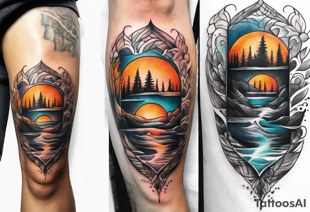 Knee tattoo in fall colors with water flow washes tattoo idea