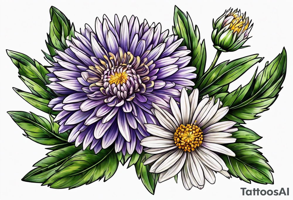 aster flower with roman numerals IX-VI-LVII tattoo idea