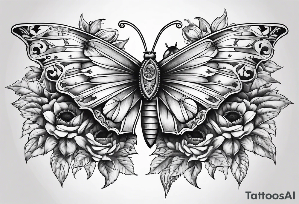 Winged cross with sunflower and butterflies tattoo idea