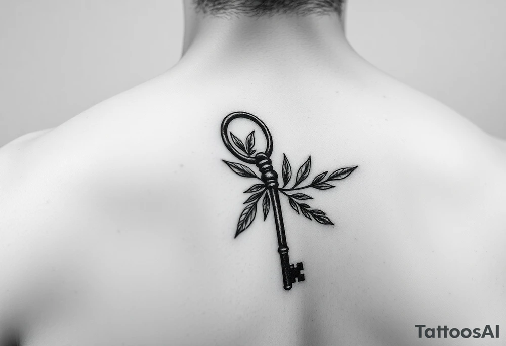 A metal key wrapped in olive leaves on the left arm tattoo idea